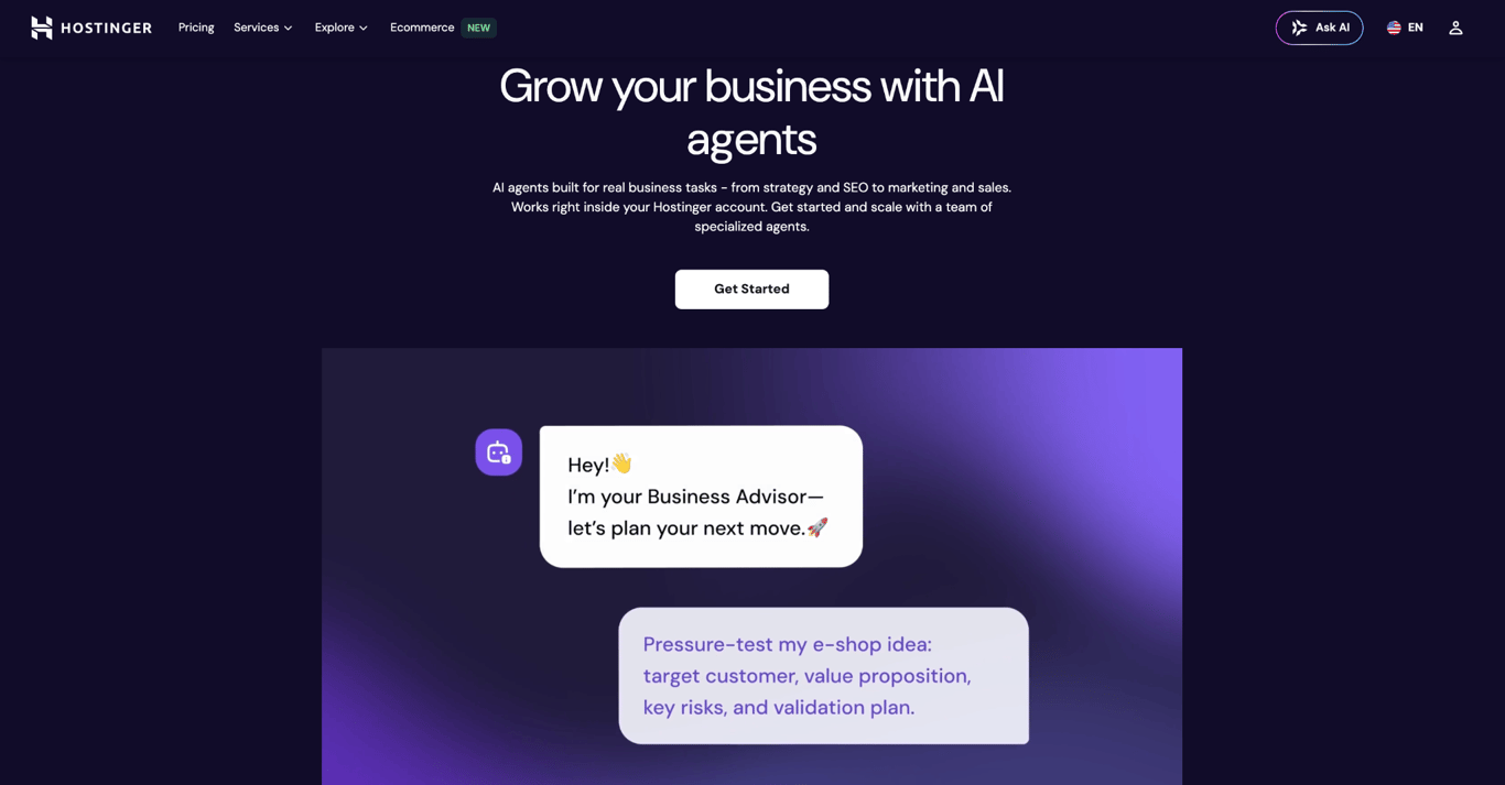Hostinger AI Agents homepage with the headline