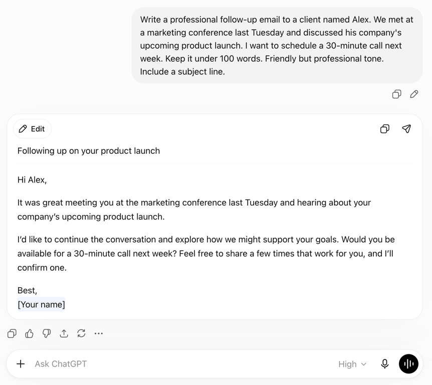 ChatGPT chat window showing a follow-up email prompt and the drafted reply with subject line