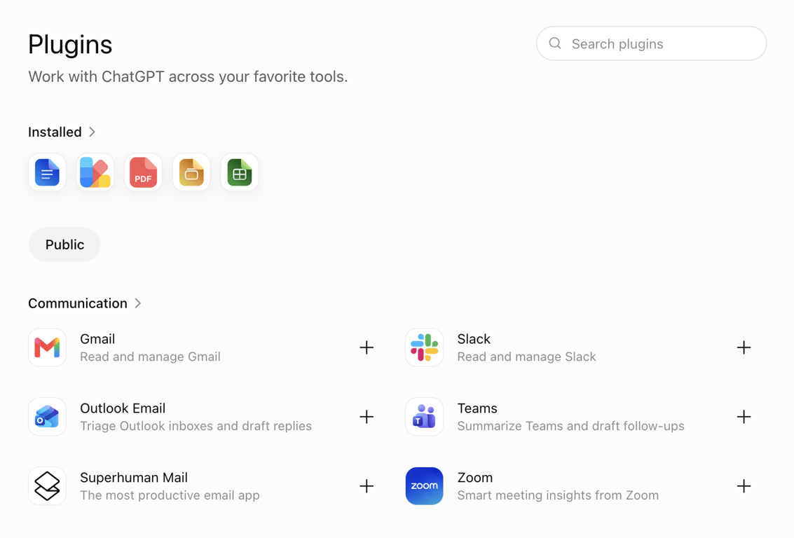 ChatGPT Plugins page showing the Communication category with Gmail and Outlook Email connection options