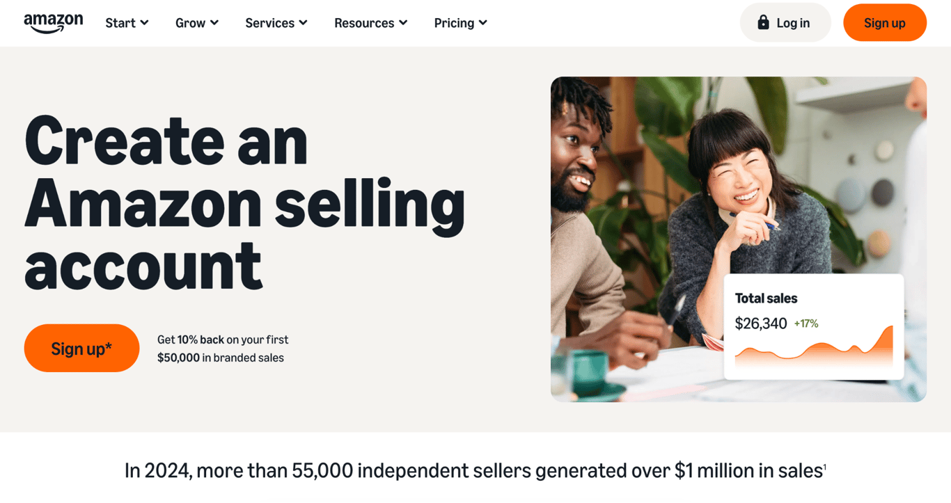 Amazon's seller signup page offering 10% back on the first ,000 in branded sales, noting that more than 55,000 independent sellers generated over  million in sales in 2024