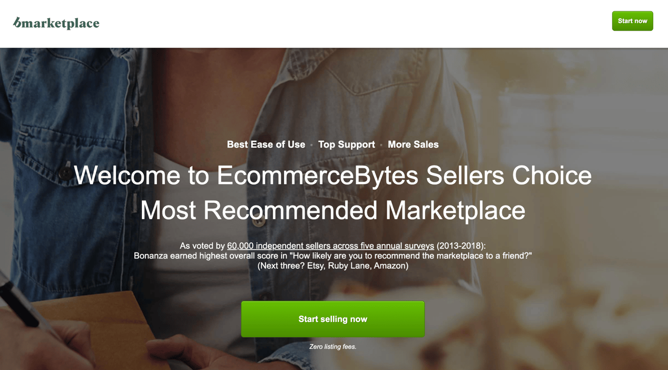 Bonanza's seller page highlighting its EcommerceBytes Sellers Choice Most Recommended Marketplace award and a Start selling now button with zero listing fees
