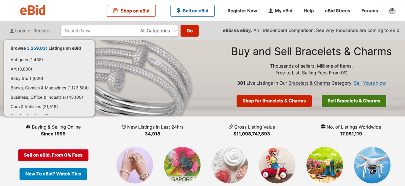 eBid's homepage promoting free listings with selling fees from 0%, showing over 17 million listings worldwide and marketplace stats since 1999