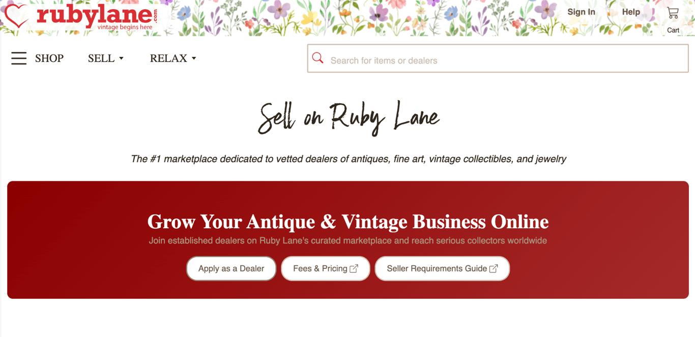 Ruby Lane's seller page describing the marketplace for vetted dealers of antiques, fine art, vintage collectibles, and jewelry, with Apply as a Dealer and Fees & Pricing buttons
