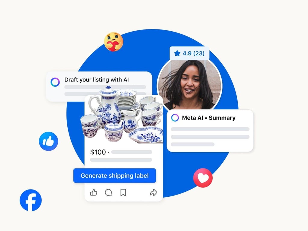 Facebook Marketplace graphic showing a 0 tea set listing with AI-drafted description, a seller rating badge, a Meta AI summary, and a Generate shipping label button