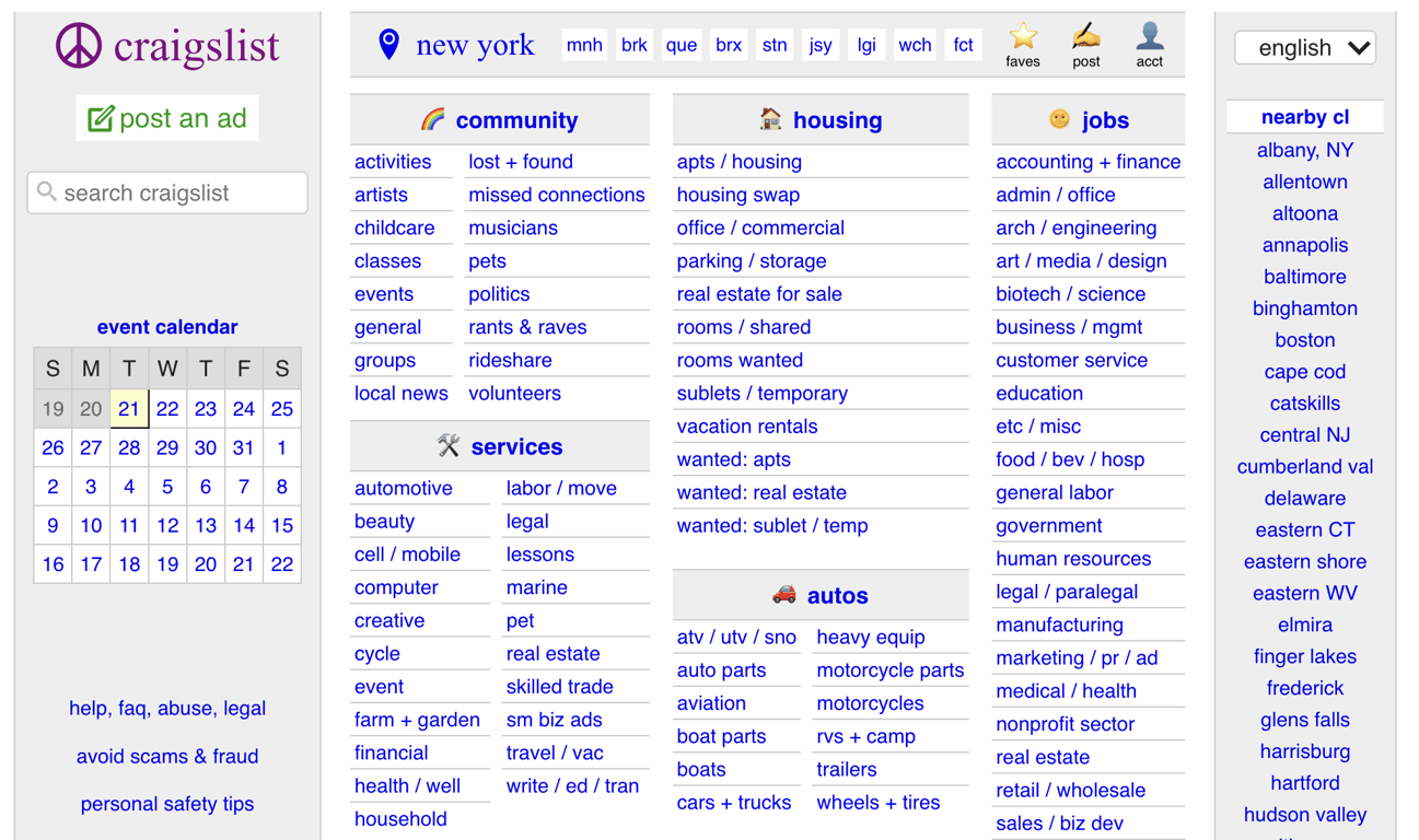 Craigslist's New York homepage listing categories such as community, housing, jobs, services, and autos in a plain text layout