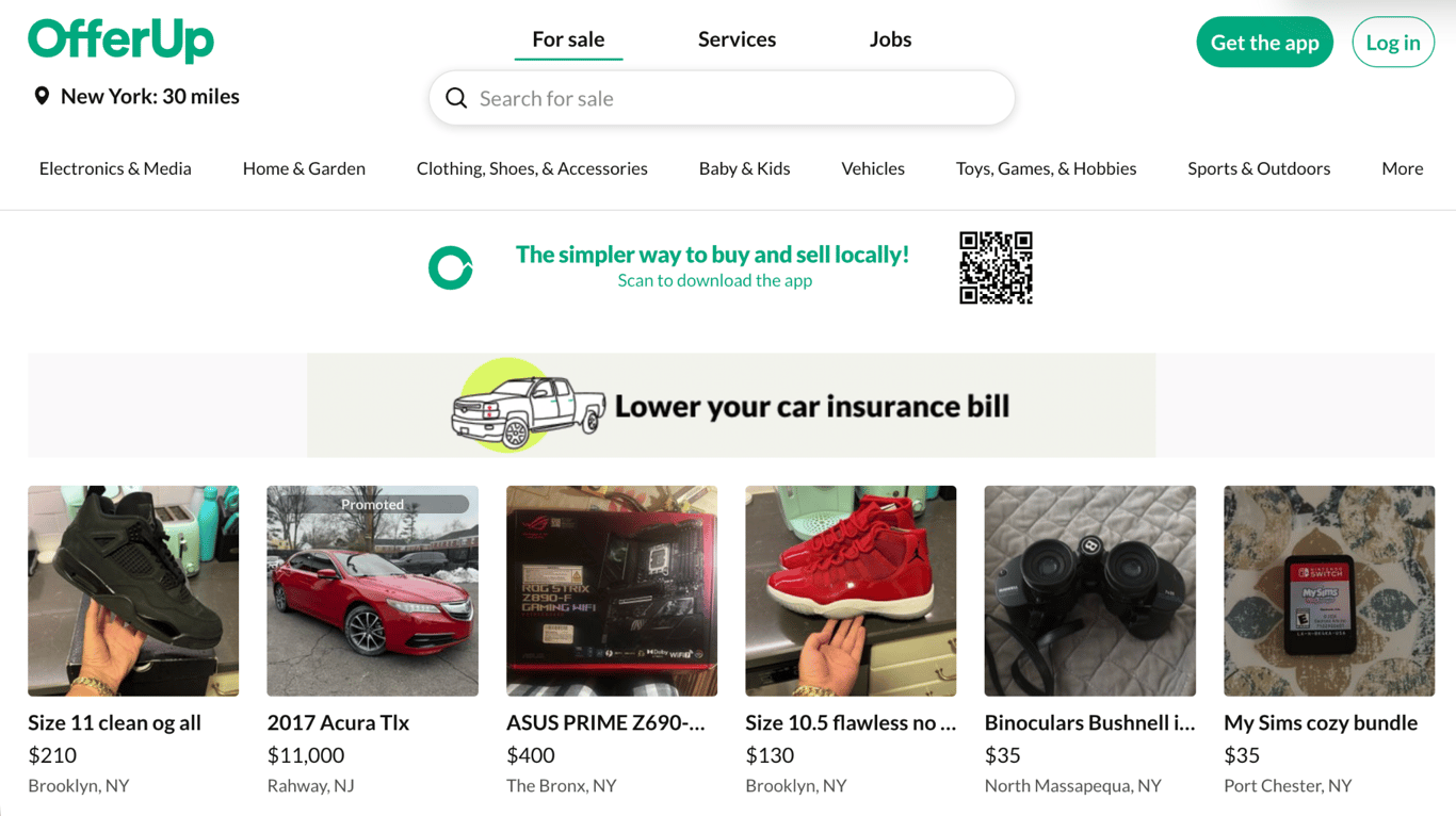 OfferUp's web marketplace showing local listings near New York, including sneakers, a car, and electronics, with category tabs and a search bar