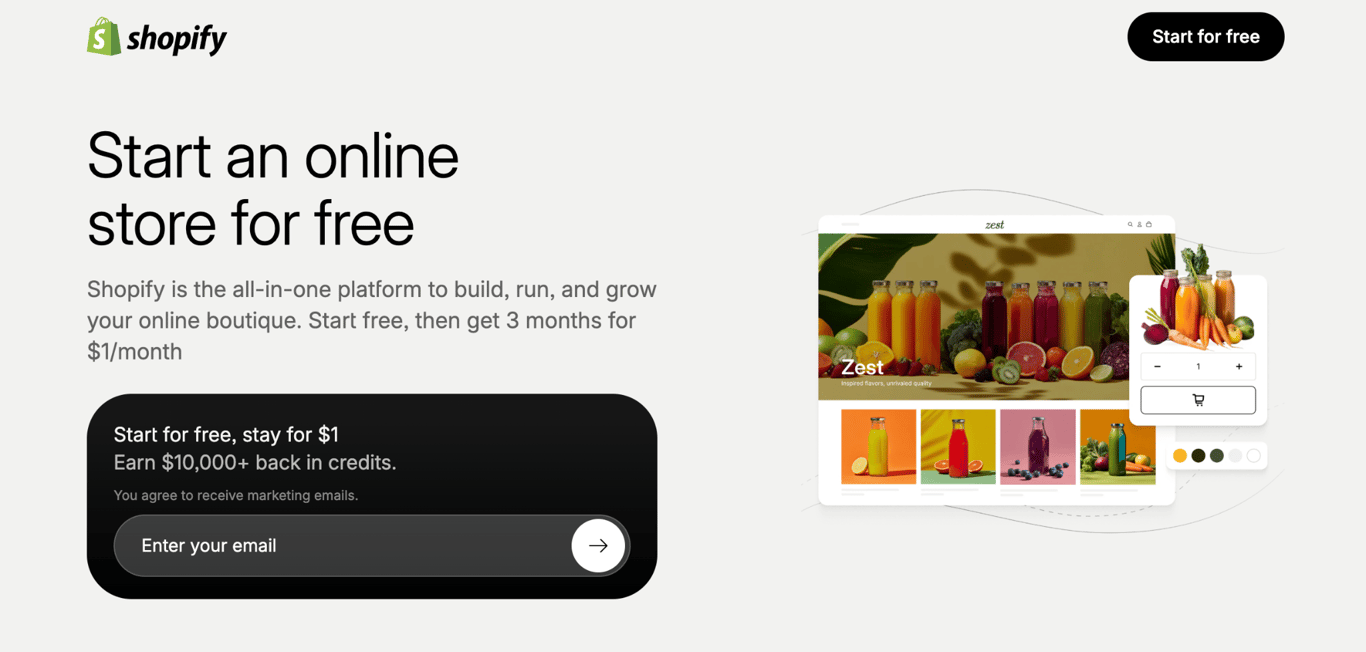 Shopify's landing page inviting sellers to start an online store for free, with an email signup form and a preview of a juice brand storefront