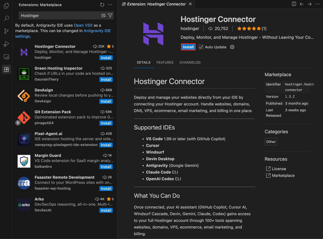 Hostinger Connector extension page in Antigravity showing supported IDEs list