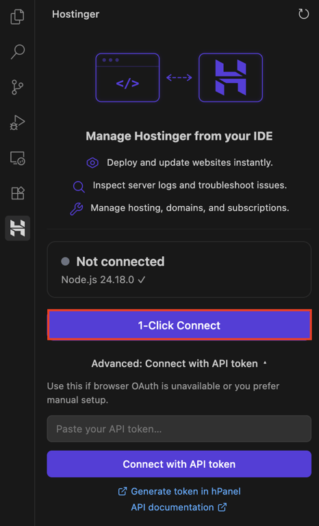 Hostinger Connector sidebar with 1-Click Connect button and API token option
