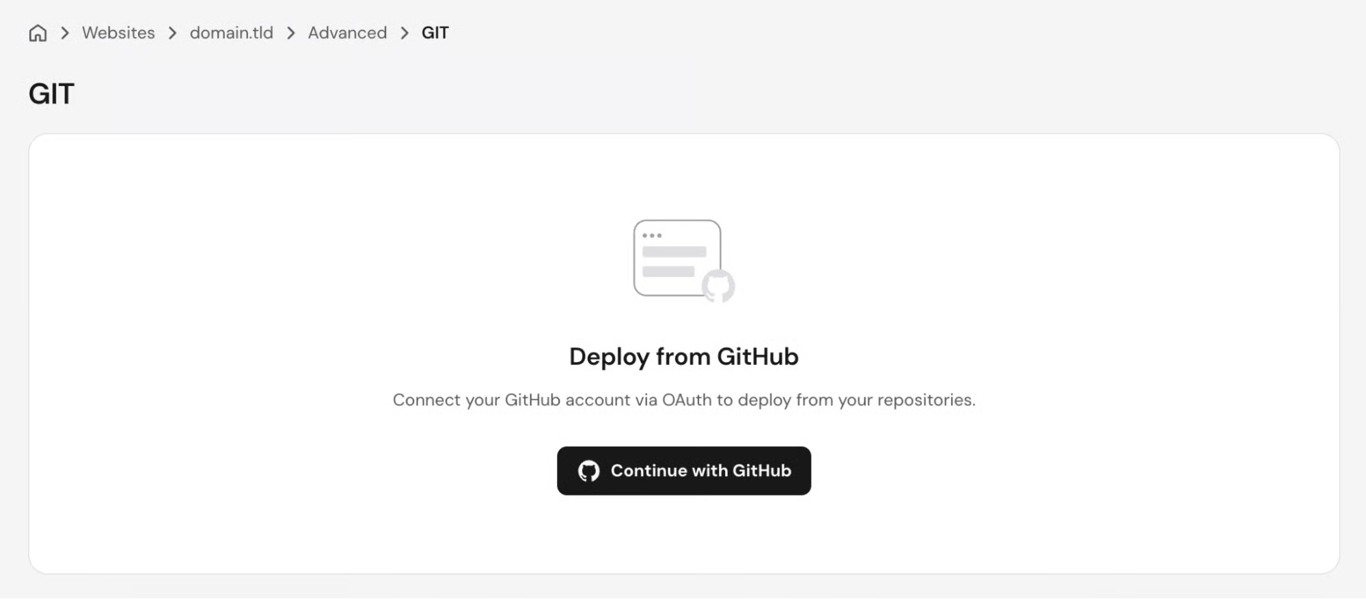 hPanel GIT section displaying Deploy from GitHub interface with Continue with GitHub button