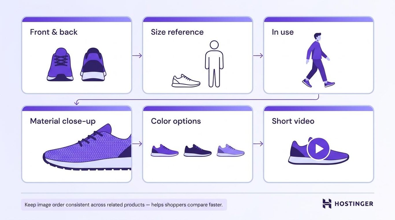 Six-panel product gallery diagram showing the image types that answer shoppers' in-person inspection questions, with a consistency note below.