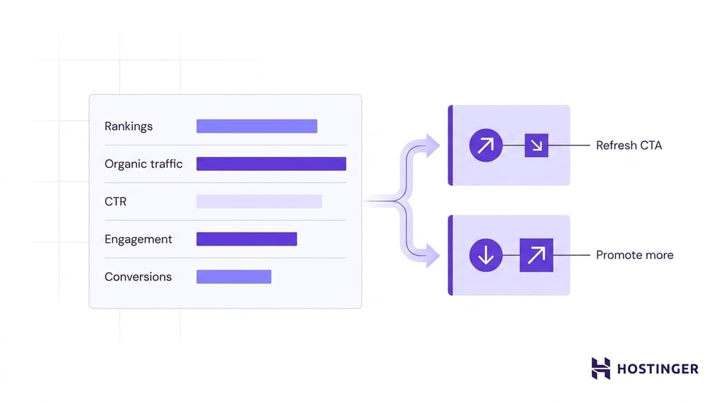 A content metrics dashboard displaying five performance bars — rankings, organic traffic, CTR, engagement, and conversions — connected by a flow to two insight cards recommending "Refresh CTA" and "Promote more" based on data patterns.