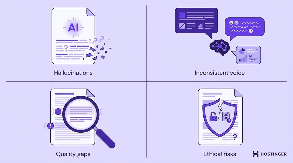 Four-panel editorial illustration depicting the main challenges of AI in content marketing — hallucinations, inconsistent voice, quality gaps, and ethical risks — each shown with a distinct icon and label.