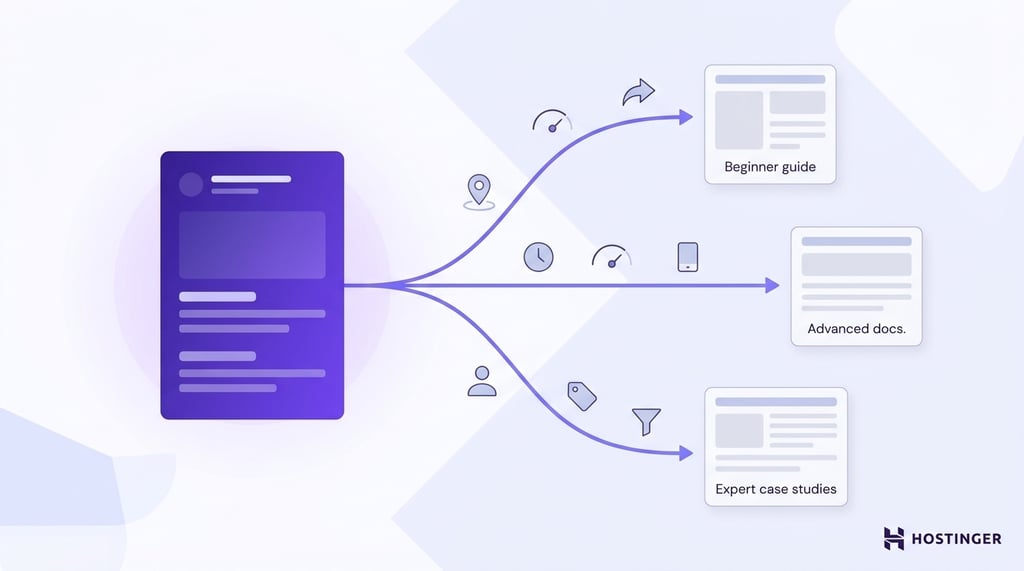 A single content source branching into personalized paths delivering tailored articles to different visitor types based on behavioral signals.