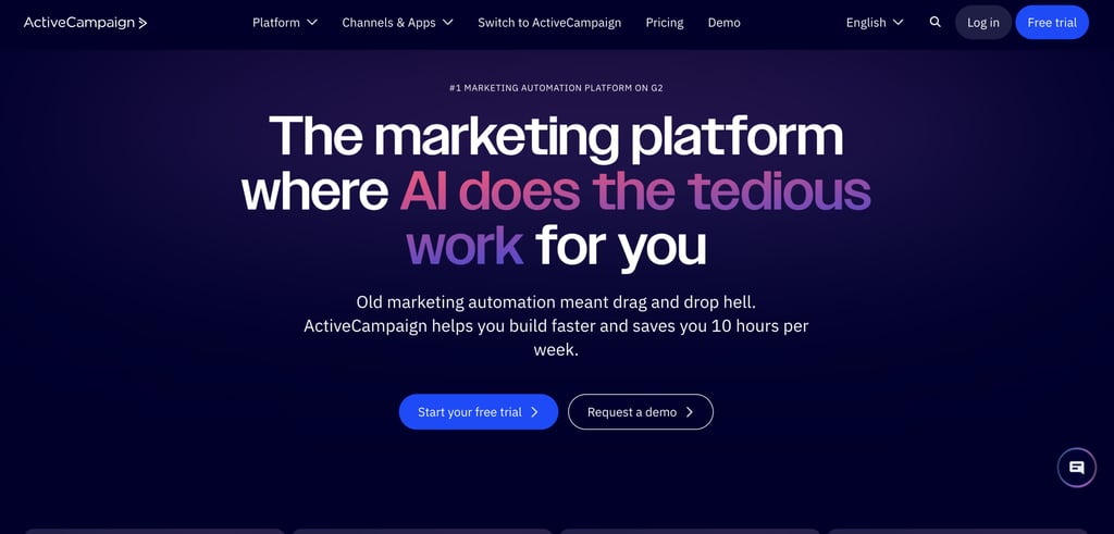 ActiveCampaign homepage promoting its AI-powered marketing automation platform, featuring navigation links, free trial and demo buttons, and a hero section focused on automating marketing workflows with AI.