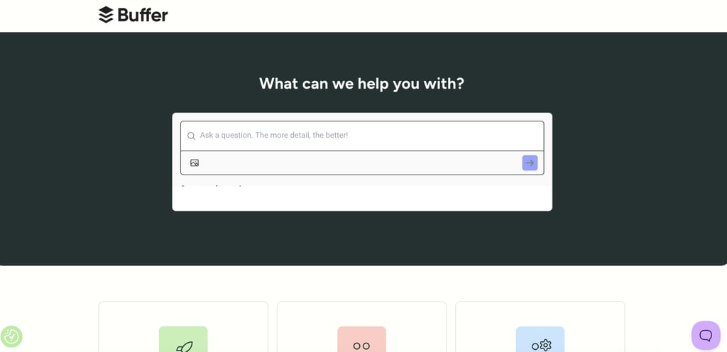 Buffer homepage featuring an AI assistant for social media management, with a prompt input box for marketing questions and a dashboard showcasing content planning tools.