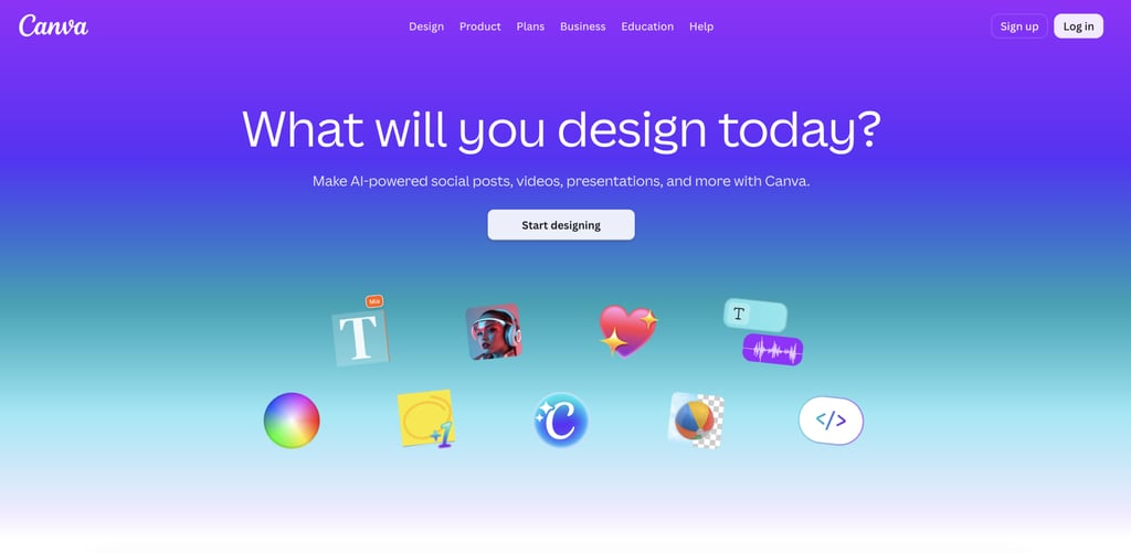 Canva homepage showcasing AI-powered design tools, navigation menu, a "Start designing" button, and a hero section promoting social posts, videos, presentations, and other creative projects.