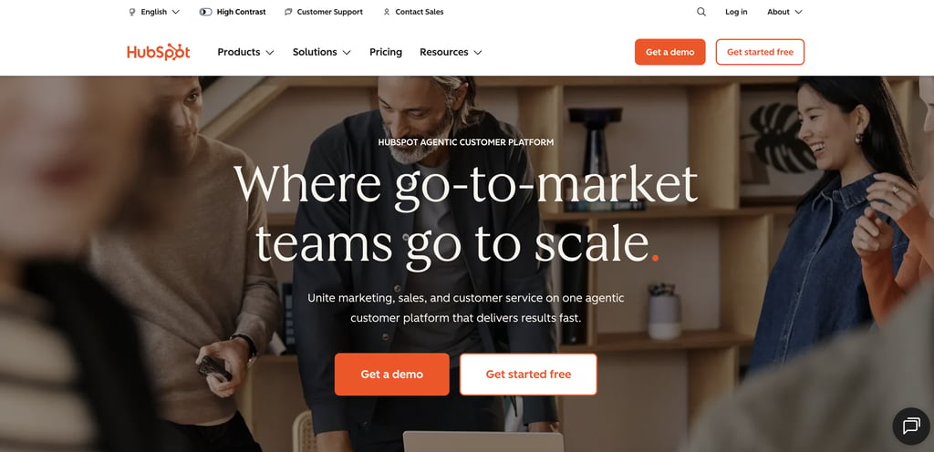 HubSpot homepage promoting its AI-powered customer platform, featuring navigation links, demo and free trial buttons, and a hero section highlighting marketing, sales, and customer service tools.
