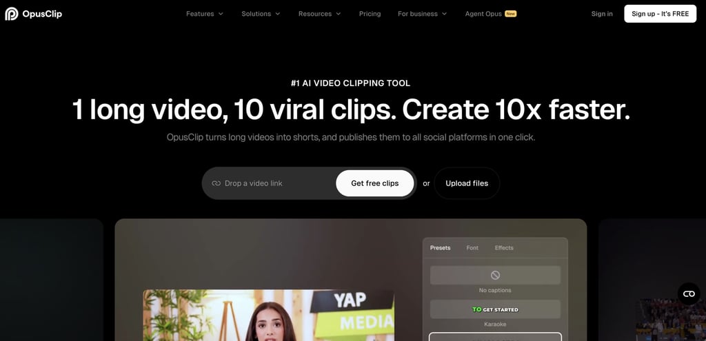 AI marketing tools - OpusClip homepage highlighting AI-powered video clipping, navigation menu, options to upload a video or paste a link, and a hero section promoting automatic creation of short social media clips.