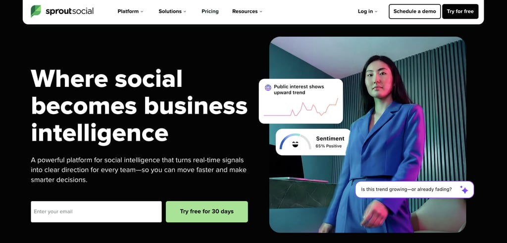 Sprout Social homepage promoting AI-powered social media management and analytics, featuring navigation links, free trial and demo buttons, and a hero section focused on social intelligence, customer insights, and business decision-making.