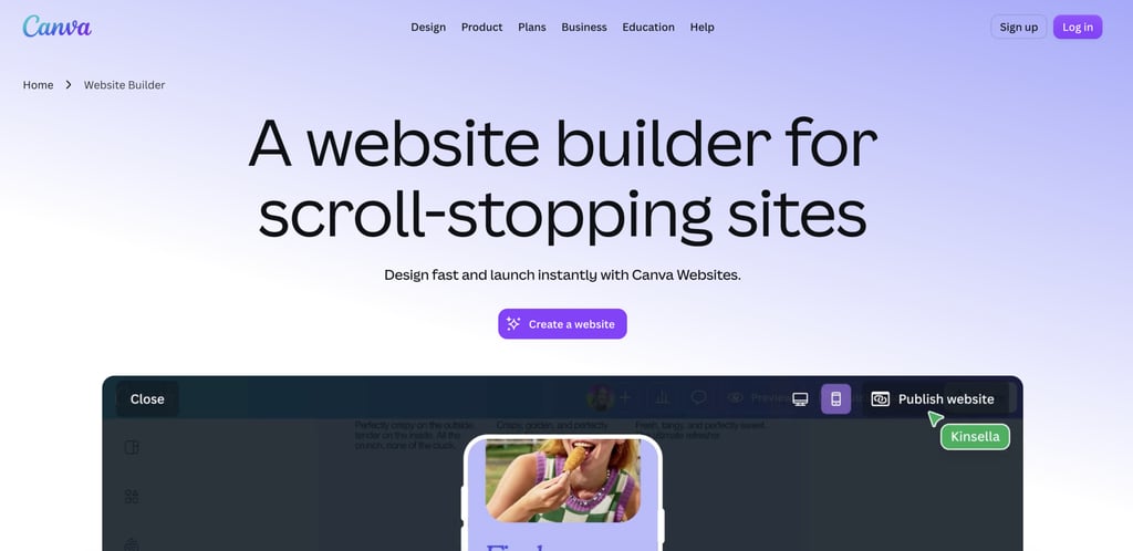 Canva Website Builder homepage featuring the headline "A website builder for scroll-stopping sites," with navigation links for Design, Product, Plans, Business, Education, and Help.