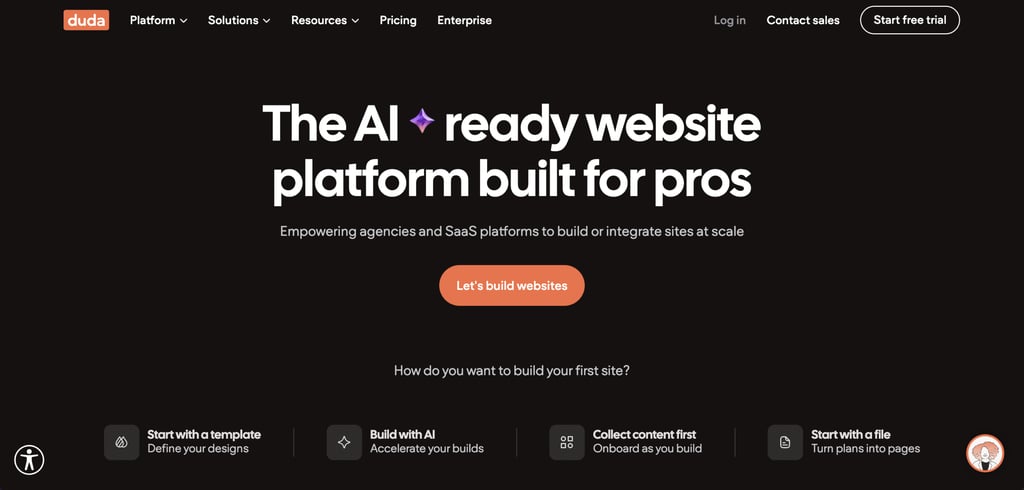 Duda homepage with the headline "The AI-ready website platform built for pros," featuring AI-powered website building options and a "Let's build websites" call to action.