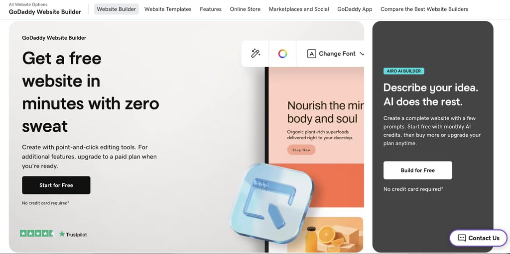 Homepage of GoDaddy Website Builder featuring a drag-and-drop editor, AI website builder (Airo AI), customizable design tools, and calls to action to create a free website using visual editing or AI-generated site creation.