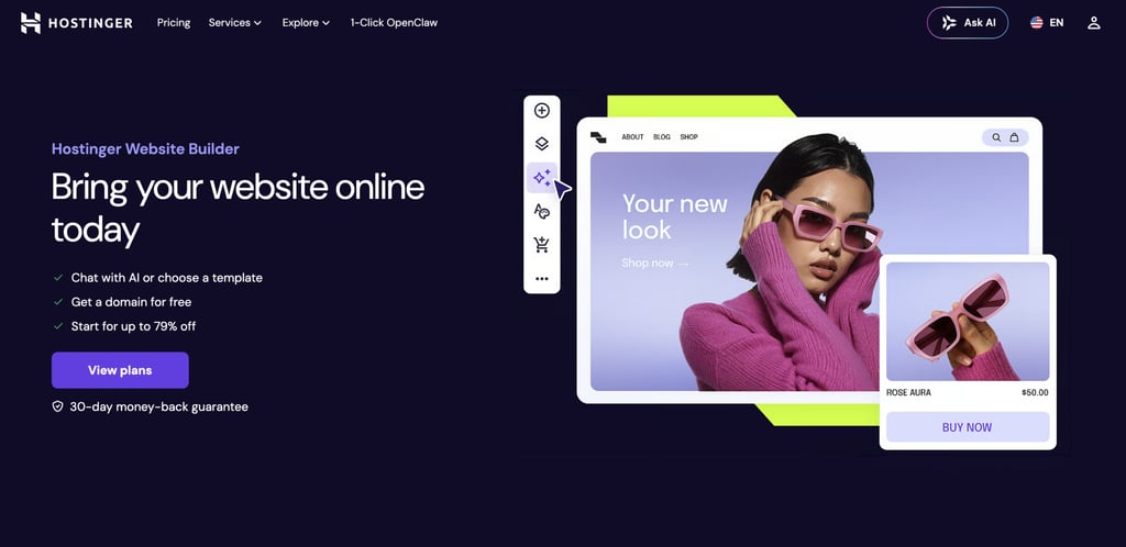 Hostinger Website Builder homepage featuring the headline "Bring your website online today," with highlights including AI-powered website creation, a free domain, and discounted plans.