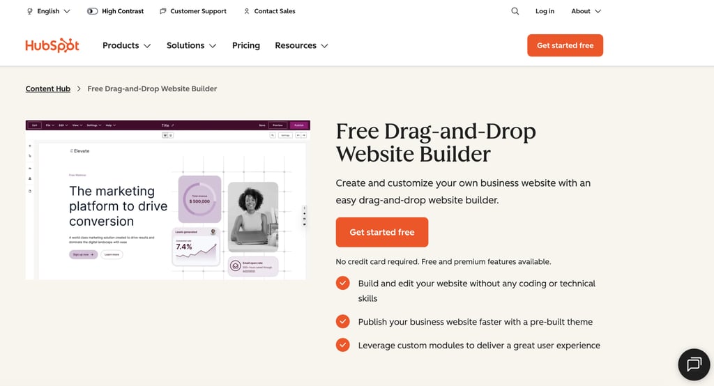 HubSpot's Free Drag-and-Drop Website Builder landing page featuring a visual website editor alongside the headline "Free Drag-and-Drop Website Builder."