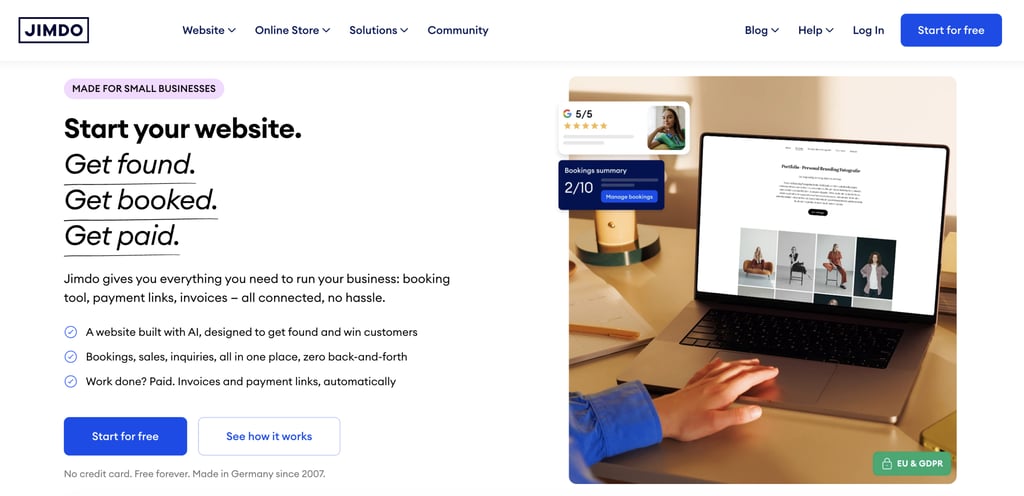 Jimdo website builder homepage featuring the headline "Start your website. Get found. Get booked. Get paid."