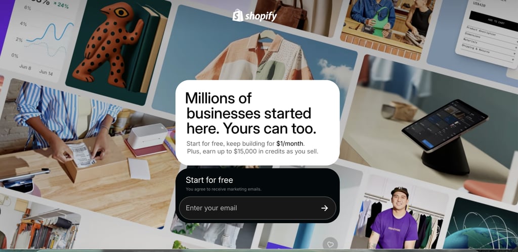 Shopify homepage featuring the headline "Millions of businesses started here. Yours can too." The hero section includes a "Start for free" email signup form over a collage of ecommerce scenes, including product photography, order packing, analytics, point-of-sale, and online store interfaces, highlighting Shopify's all-in-one ecommerce platform.