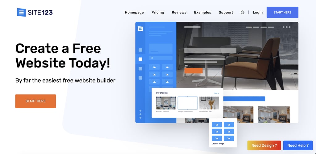 SITE123 website builder homepage featuring the headline "Create a Free Website Today!" alongside a prominent "Start Here" button.