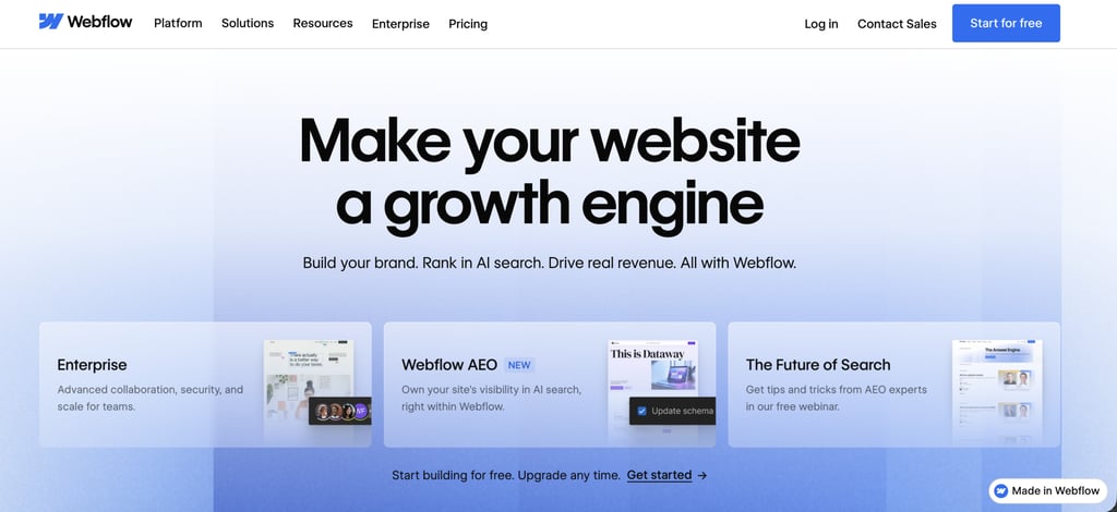 Webflow homepage with the headline "Make your website a growth engine," promoting AI search optimization, enterprise features, and a "Start for free" call to action.
