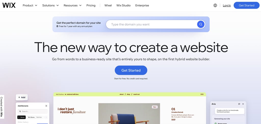 Homepage of Wix AI Website Builder featuring the headline "The new way to create a website," a prompt-based AI website creation interface, a domain search bar, a "Get Started" call-to-action, and a live website preview with an AI assistant generating a business website.