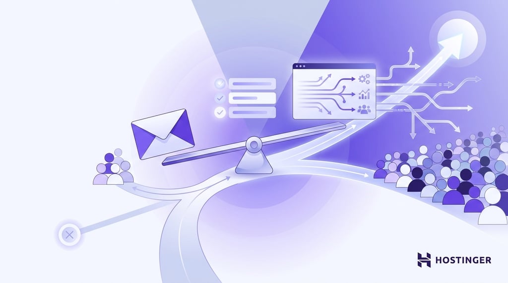 A decision scale comparing a simple email tool for small subscriber lists against a feature-rich email marketing platform for larger, automated campaigns.