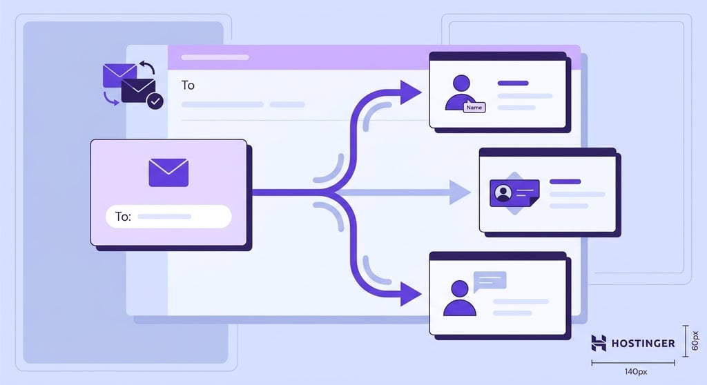 A single email branching into multiple individually addressed messages, illustrating Gmail mail merge personalization for newsletter sending.