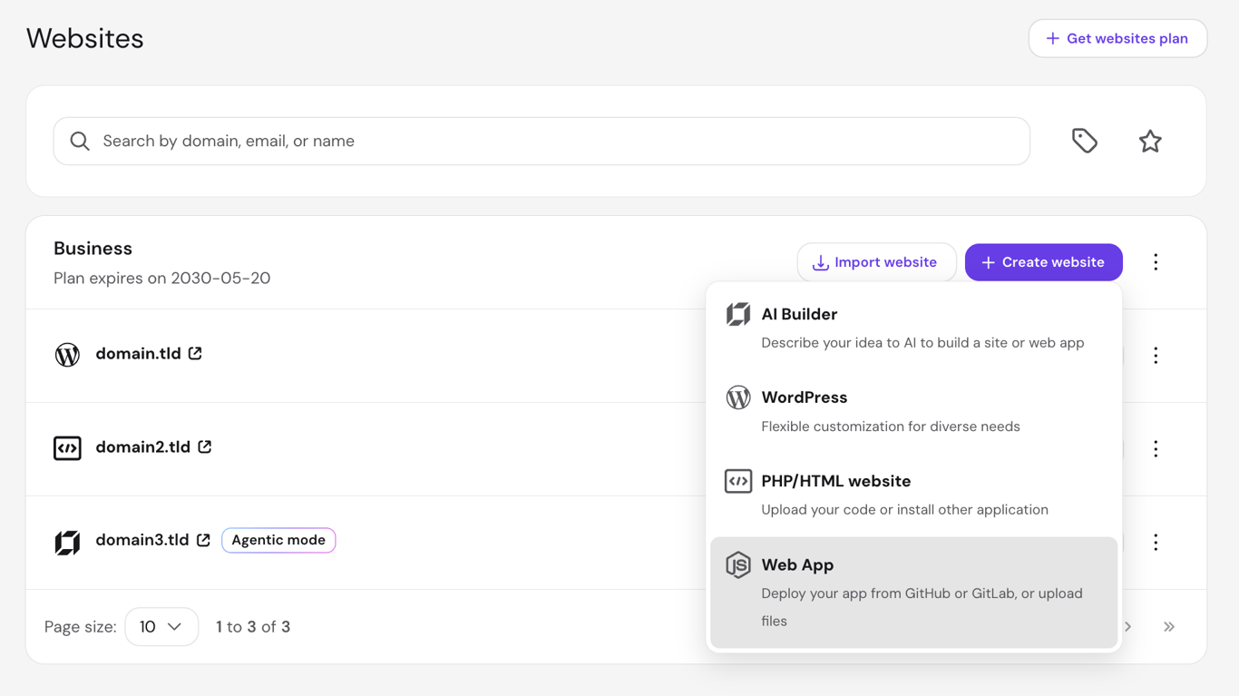 Create website menu in Hostinger dashboard showing AI Builder, WordPress, PHP/HTML website, and Web App options, with Web App highlighted