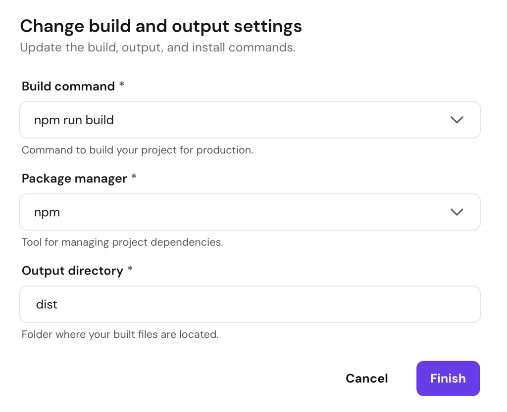 "hpanel-change-build-output-settings-npm-run-build-dist" "Build