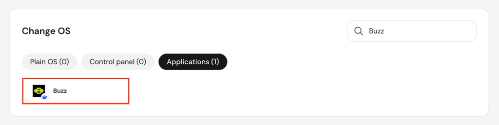 hpanel-change-os-buzz-highlighted hPanel Change OS section with the Applications tab and Buzz template selected