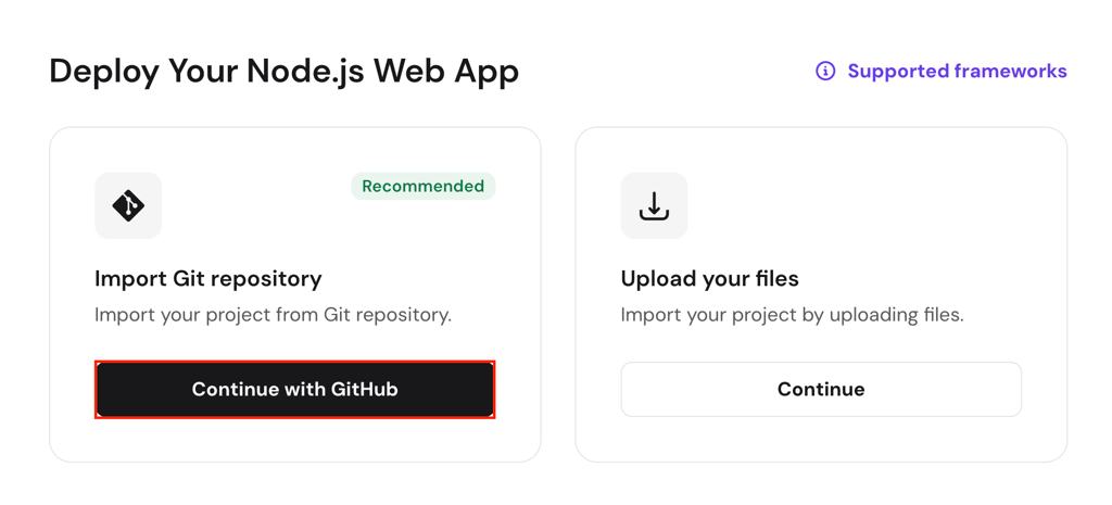 "hpanel-deploy-nodejs-web-app-continue-with-github-highlighted" "Deploy