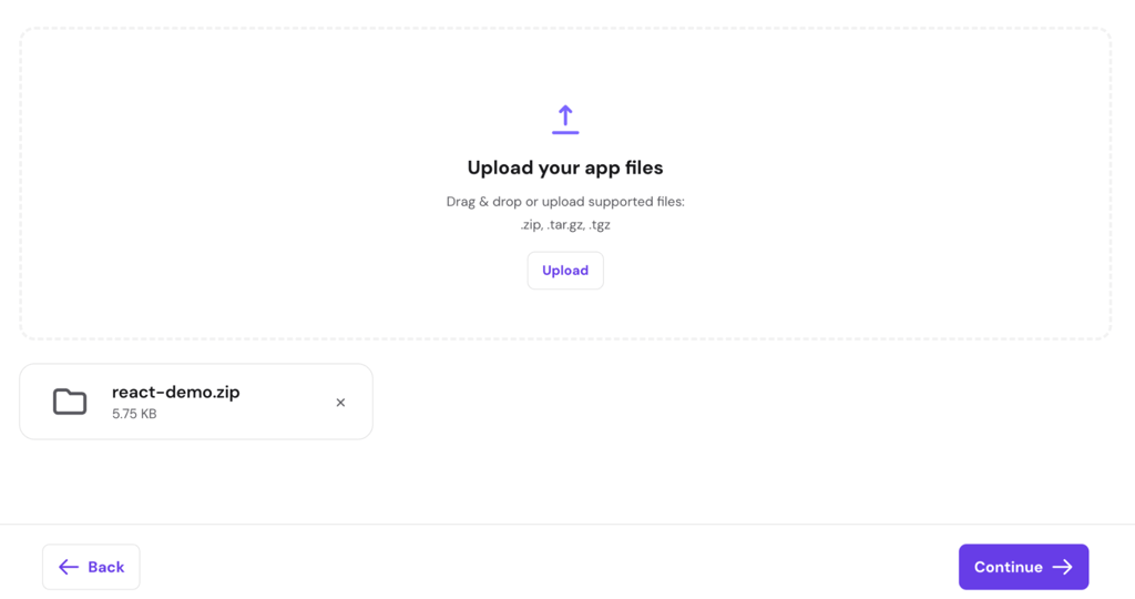 "hpanel-upload-app-files-react-demo-zip" "Upload