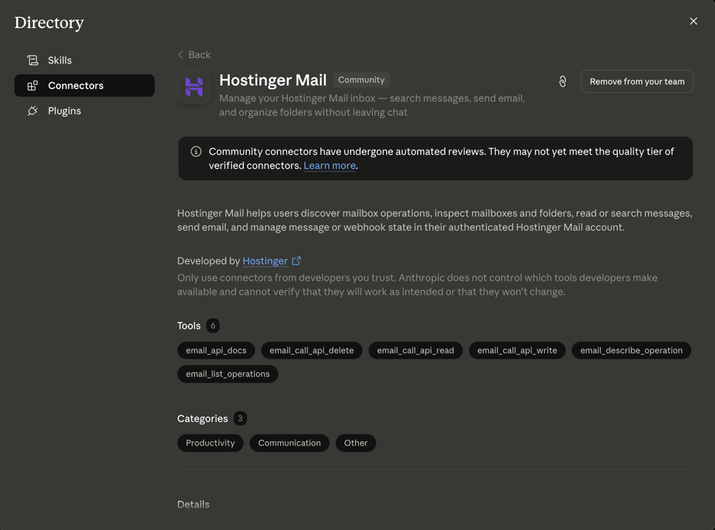 Hostinger Mail connector in the Claude AI directory