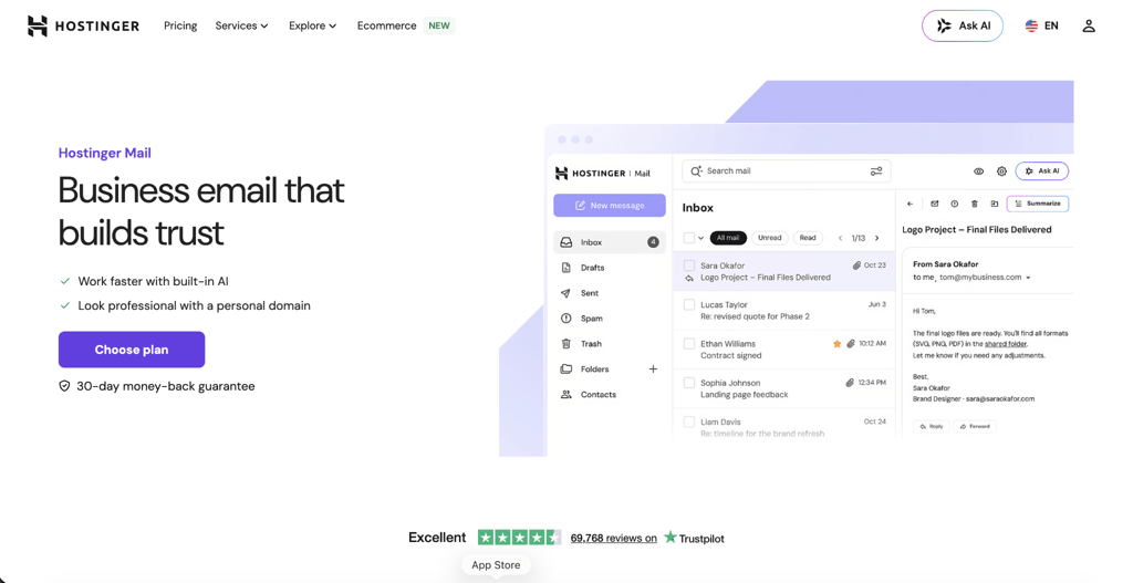 Hostinger business email landing page