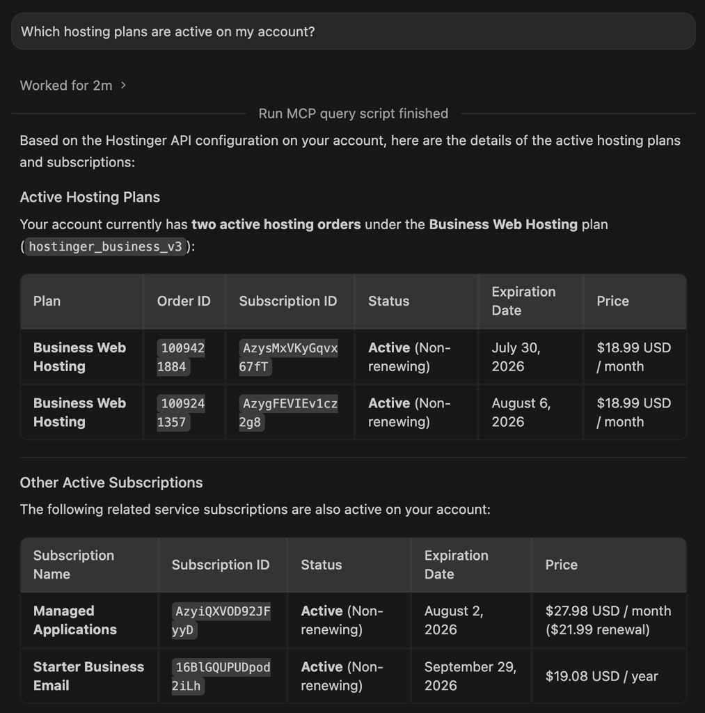 antigravity-agent-hostinger-active-plans Antigravity agent showing active Hostinger hosting plans and subscriptions