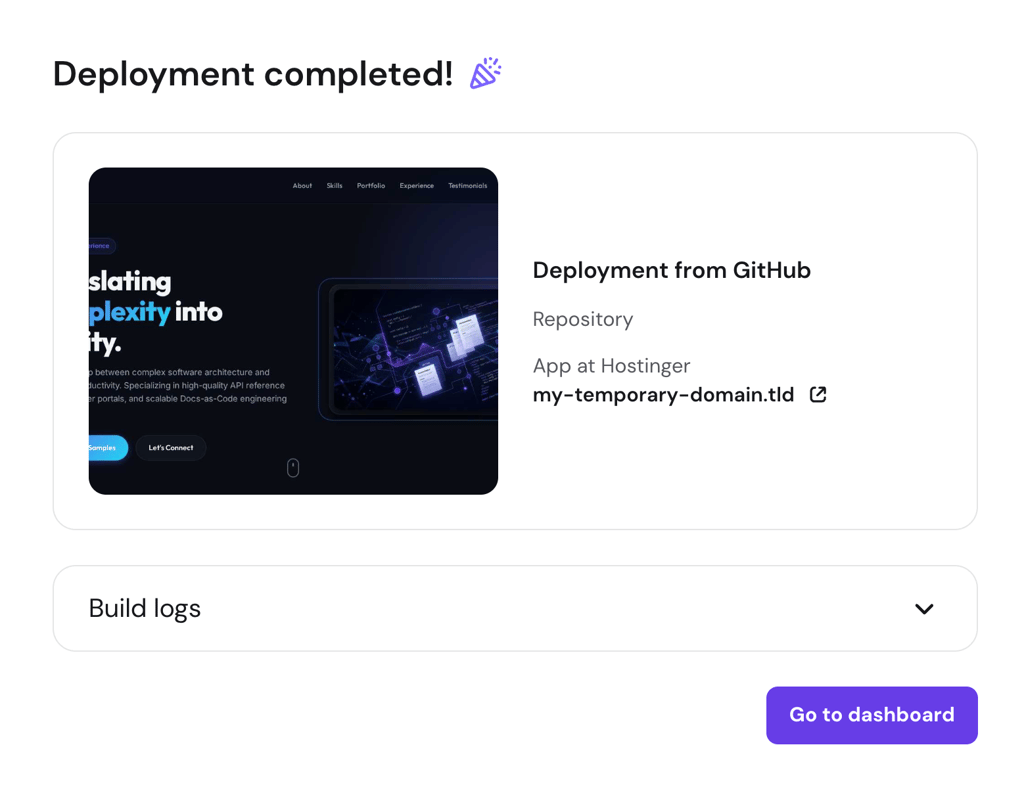 hpanel-deployment-completed-site-preview hPanel deployment completed screen with site preview and build logs