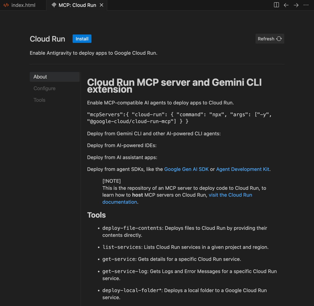 antigravity-mcp-store-cloud-run-install Antigravity MCP Store showing Cloud Run server with Install button