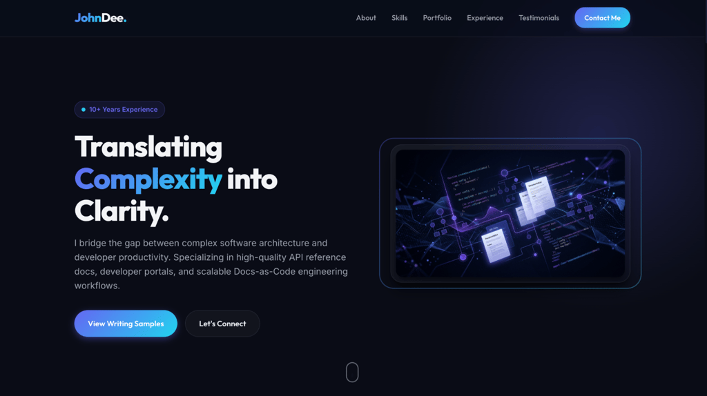 antigravity-portfolio-website-preview Portfolio website with dark theme showing hero section and navigation menu