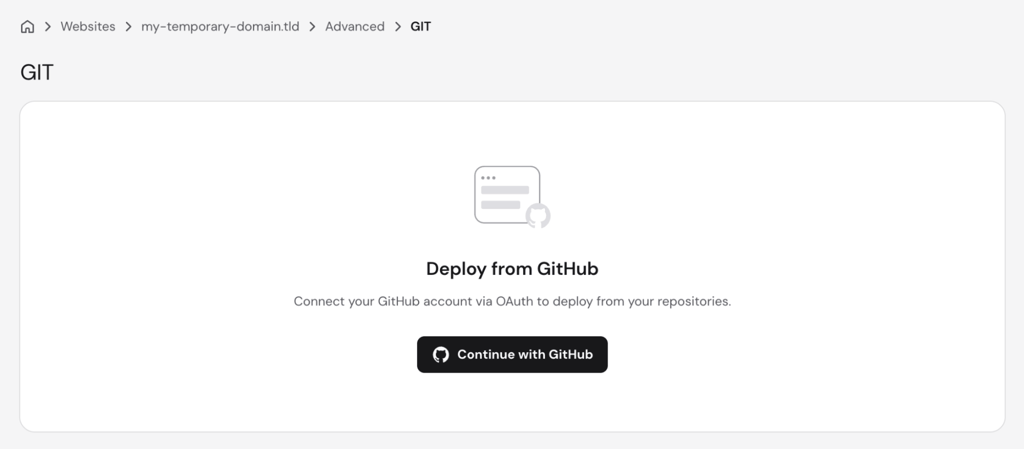 hpanel-advanced-git-deploy-from-github hPanel Git deployment page with Continue with GitHub button