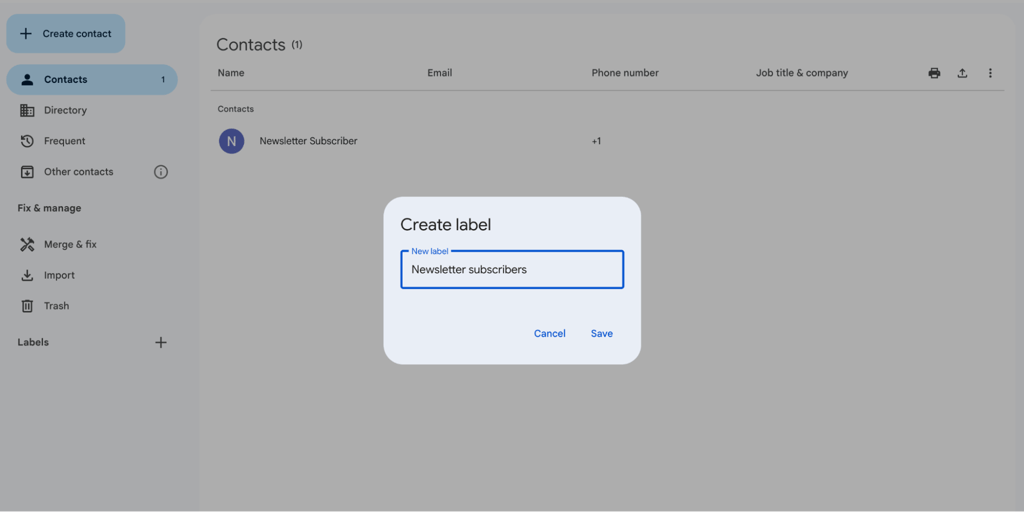 An image showing how to create labels in Google Contacts