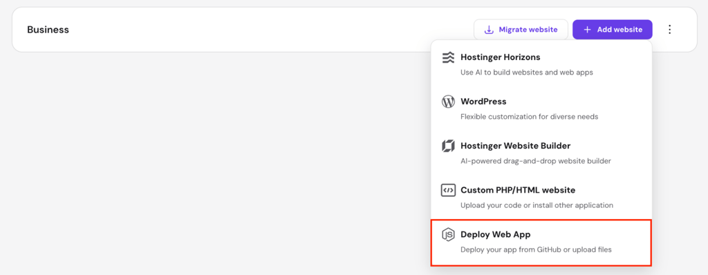 hpanel-add-website-deploy-web-app-highlighted hPanel Add website menu with Deploy Web App option highlighted
